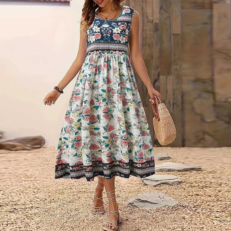 Summer Bohemian Dresses For Women Casual Sleeveless Long Dress Women Vintage Printed Beach Party Dress Plus Size Boho Vestidos M260304