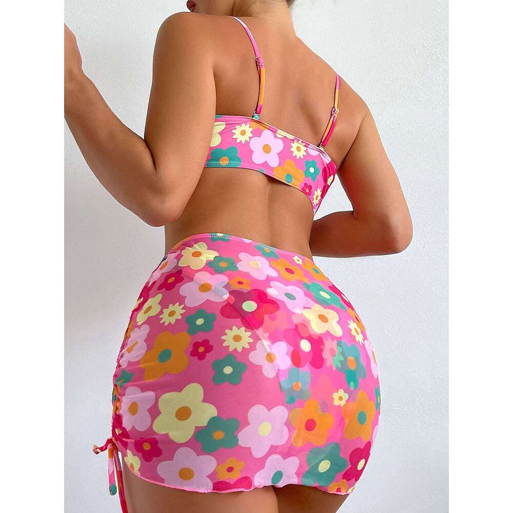 2023 Sexy Floral Print Three Pieces Set Push Up Swimwear Women Swimsuit Female Bikini And Skirt Bathing Suit Beach Y260303