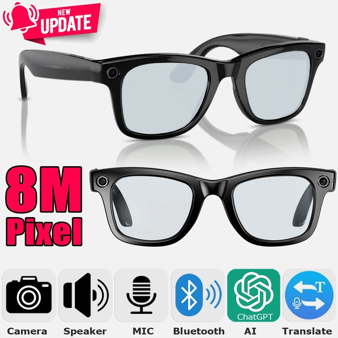 Smart Glasses with 8MP HD Camera Photo Video Recording, ChatGPT AI Photos Recognition, Q&A, Live Translation, Bluetooth Earphone Call, Music (Photochromic Lenses)