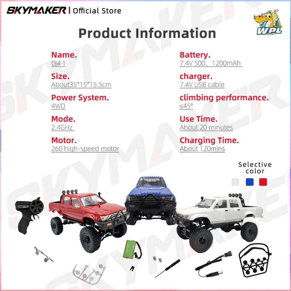 WPL C64-1 RC Car 1:16 Hailax 2.4G 4WD Remote Control Pick-up Truck Controllable LED Light Electric Toy Off-Road Vehicle Mode Z260303