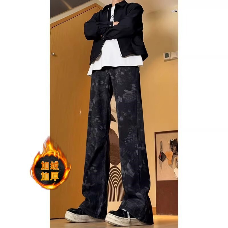 Black Camouflage Fleece-lined Snake-print Straight-leg Designer Pants Jeans For Men Autumn And Winter Clean-fit Stylish And Versatile Workwear Pants