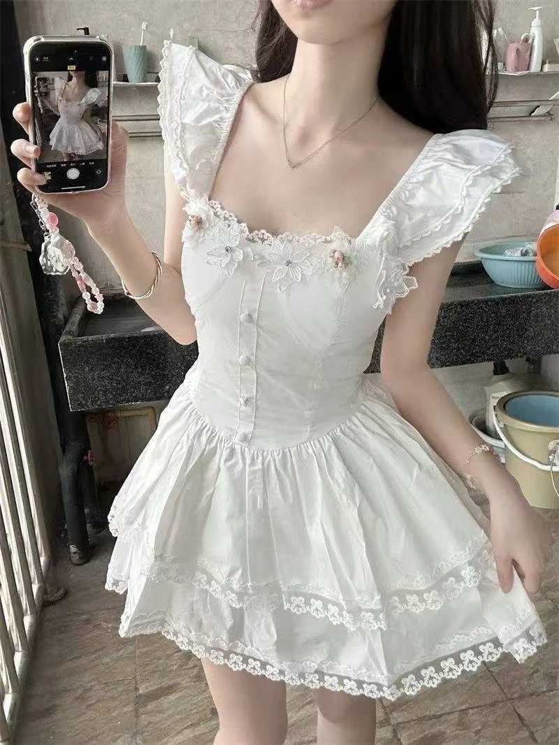 Sweet Princess Dress Woman French Lace Sim Fairy Dress Harajuku Gyaru Elegant Chic Ball Gown Summer Kawaii 90s Sexy Fashion M260304