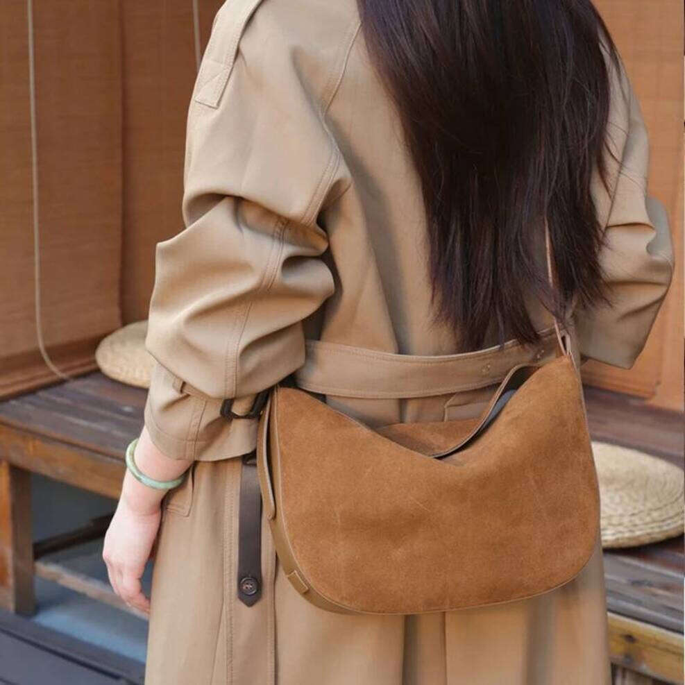 OLOEY Hifashion Cowhide Suede Genuine Leather Hobo Shoulder Bags For Women 2026 Luxury creativity Half Moon Crossbody Ladies Handbags
