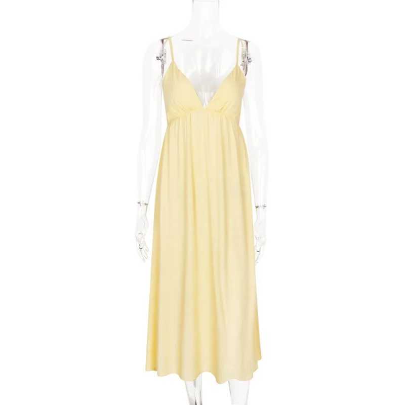 New Dresses 2025 Woman Fashion Summer Sexy Backless V-neck Skirt Holiday Solid Colours Top Clothing M260304