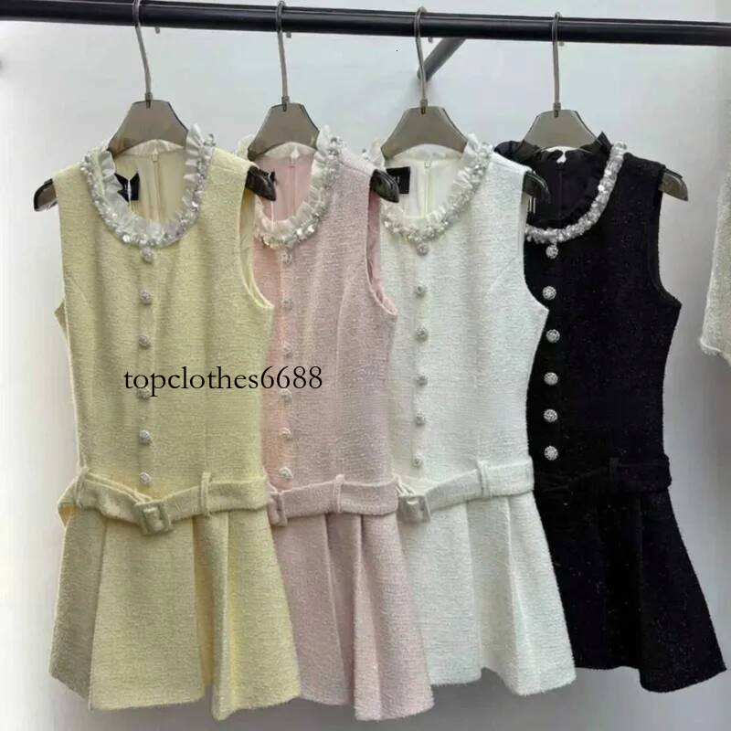 High Quality 2026 Spring Summer New French Luxury Small Fragrance Tweed Dresses For Women Pearl Collar Party Dress Robes Femmes