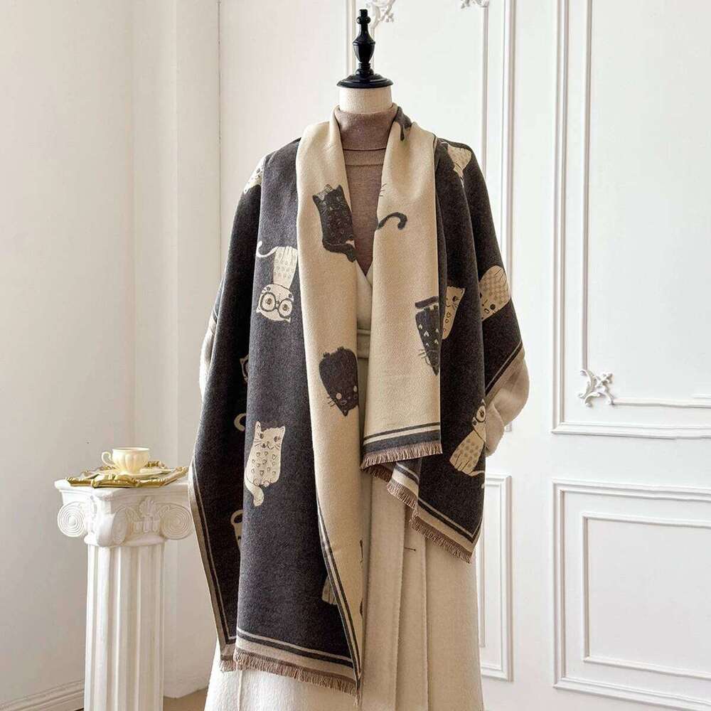 Cartoon Cat Printed Cashmere Scarves for Women Winter Thick Warm Blanket Scarf Shawl Wraps Ladies Fashion Pashmina Cape XJ260304