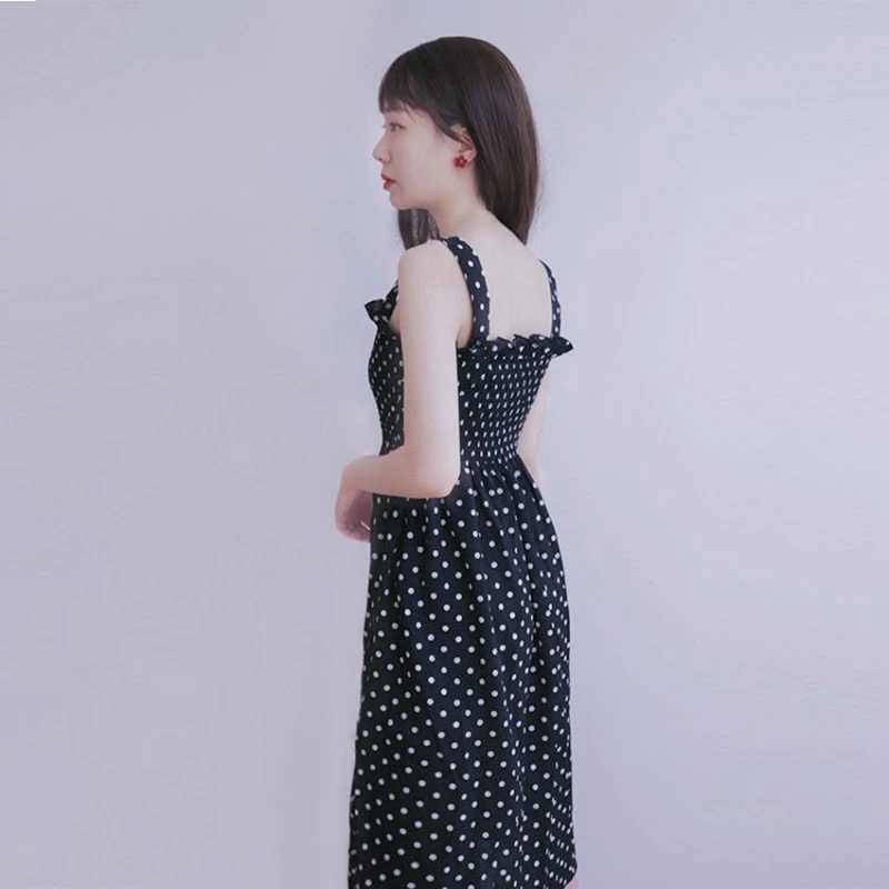 Women Summer Sleeveless Dot Dress Sexy Backless A-Line Spaghetti Strap Beach Style Dresses Camisole Off-Shoulder Folds Vestidos M260304
