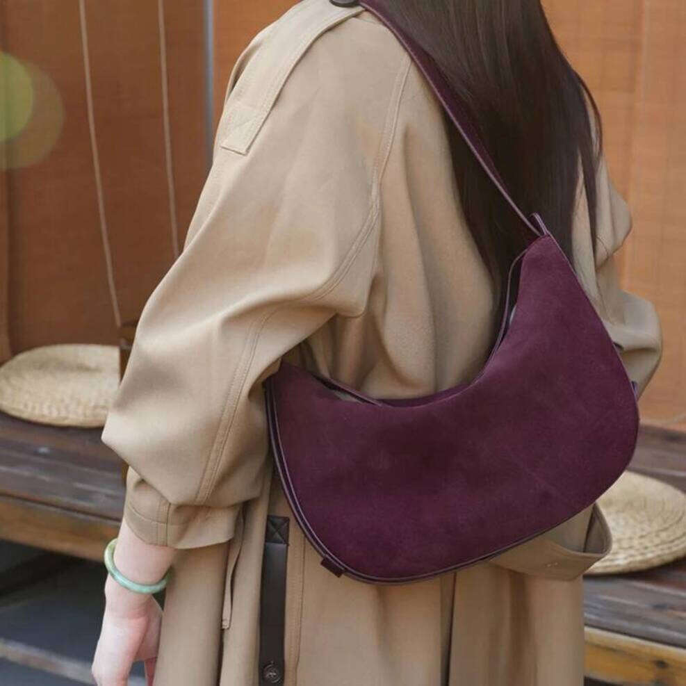 OLOEY Hifashion Cowhide Suede Genuine Leather Hobo Shoulder Bags For Women 2026 Luxury creativity Half Moon Crossbody Ladies Handbags