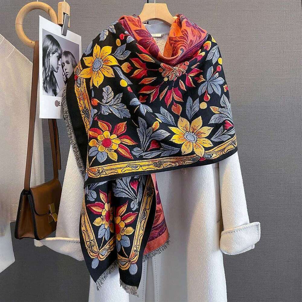 Thickened Warm Scarf For Women Retro Long Tassel Pashmina Shawl Faux Cashmere Warps Autumn Winter Floral High Quality Blanket XJ260304