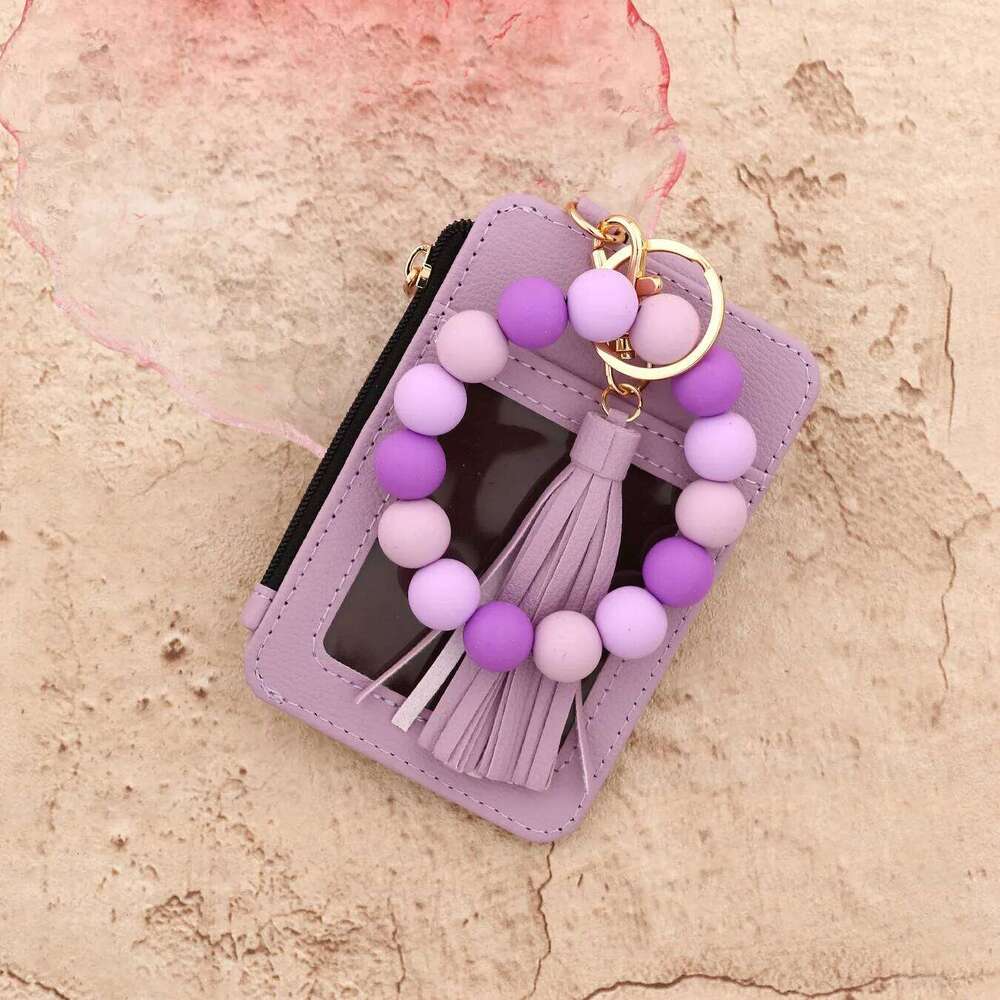 1pc Silicone Bead PU Leather Wristlet with Bracelet Foldable ID Credit Card Holder Keychain Wallet for Women Girls Gift C260304