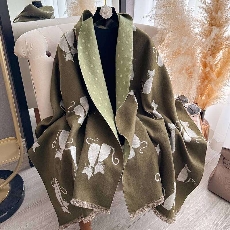 Women's Autumn Winter Warm Cat Pattern Faux Cashmere Scarf Jacquard Shawl Wrap Cozy Blanket Neck Protection XJ260304
