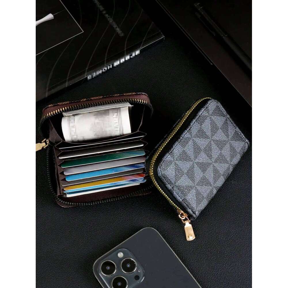 Stylish Checkered Pattern Holder Vintage Zipper Small Wallet - Portable Lightweight Card Case for Men and Women C260304