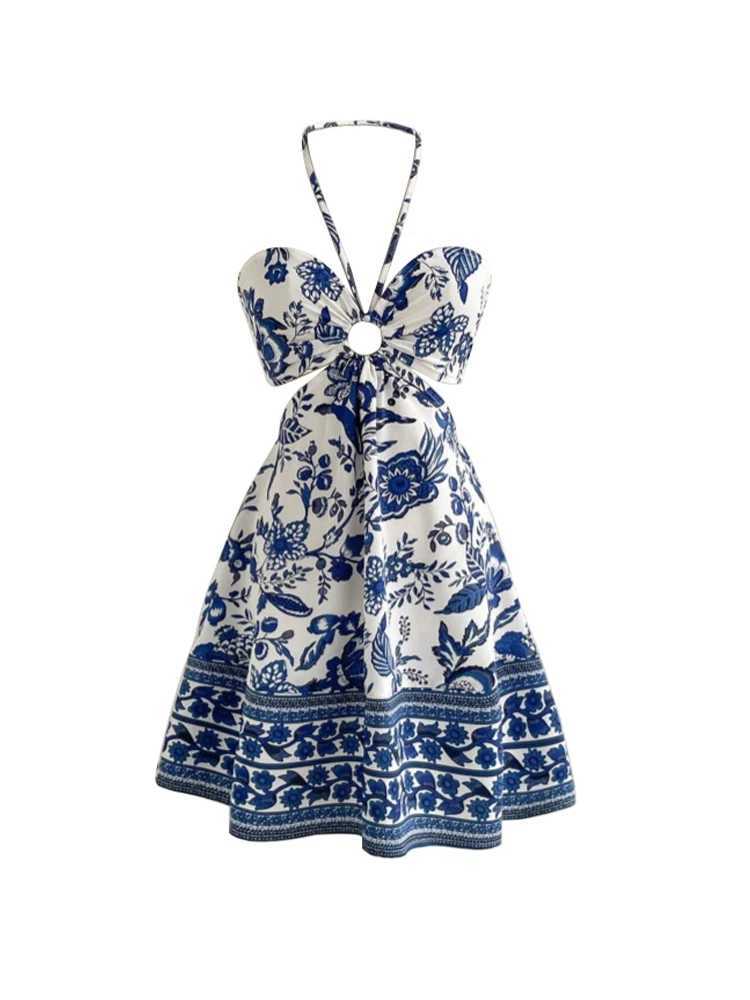 Womens Romantical Floral Print Halter Neck Sexy Fashionable Dress Easy to Create Lazy Stylish Vacation Style Dress M260304