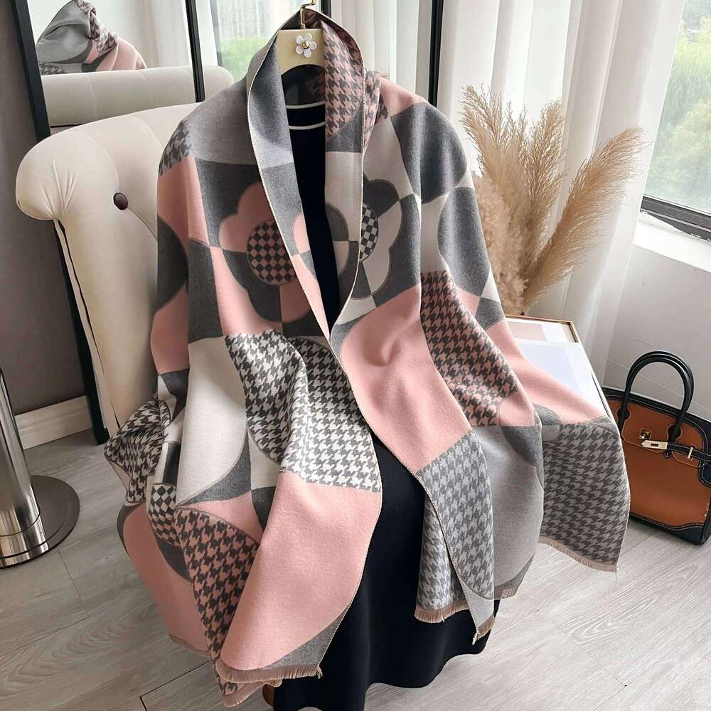 Two-sided Jacquard Houndstooth Tassel Mature Pashmina Cashmere Warm Shawl Autumn Winter Coldproof Windproof Wrapped Scarf XJ260304