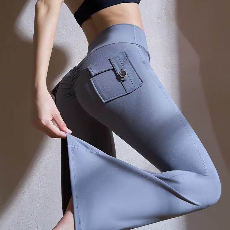 Super elastic faux nylon seamless sports fitness cargo pants for women slightly flared slim-fit leggings 240808