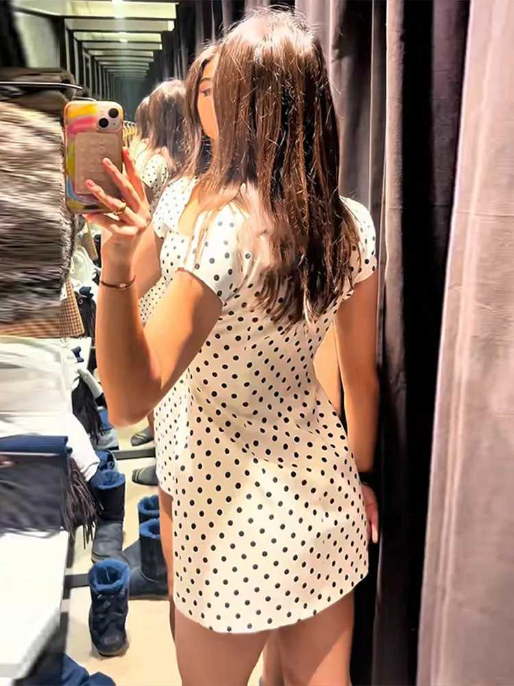Fashion Polka Dot Mini Dress For Women 2026 Spring Summer Short Sleeve Lace Up Collar Party Dress Lady Bodycon Evening Vestidos M260304