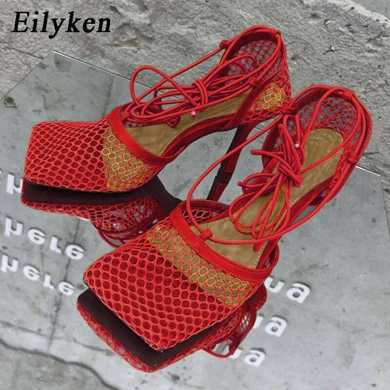 Eilyken Sexy Mesh Pumps Sandals Female Square Toe High Heel Lace Up Cross Tied Stiletto Hollow Dress Shoes Zapatos Mujer MOJIDASHU