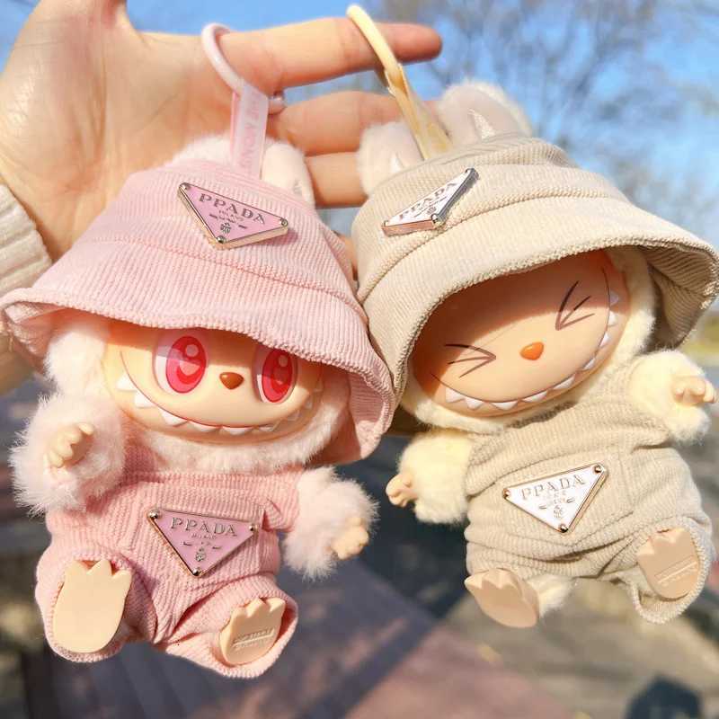 17cm Labubu Pink Corduroy Overalls & Hat Set, Luxury Doll Outfit with Triangle Logo for DIY Accessories & GiftsT260304