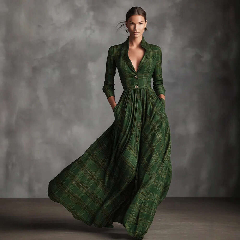 Elegant Womens Shirt Dress for Commute Leisure Grid Print Pleated Long Sleeve Dress with Pocket Autumn Office Dress