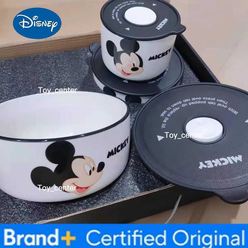 Disney Anime Mickey Mouse Minnie Cartoon Tableware Ceramic Bowl With Lid Microwave Oven Soup Bowl 3pcs Student Thicken Lunch Box H260304