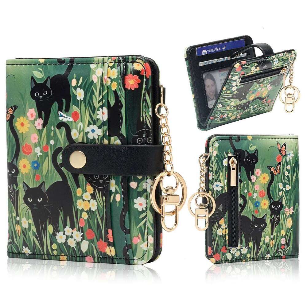 Black Cat Flower Pattern Rfid Women's Wallet, Ultra-Thin Compact Credit Wallet with Key Chain, Pu Leather Folded Zipper Coin Bag Id Card Transpar