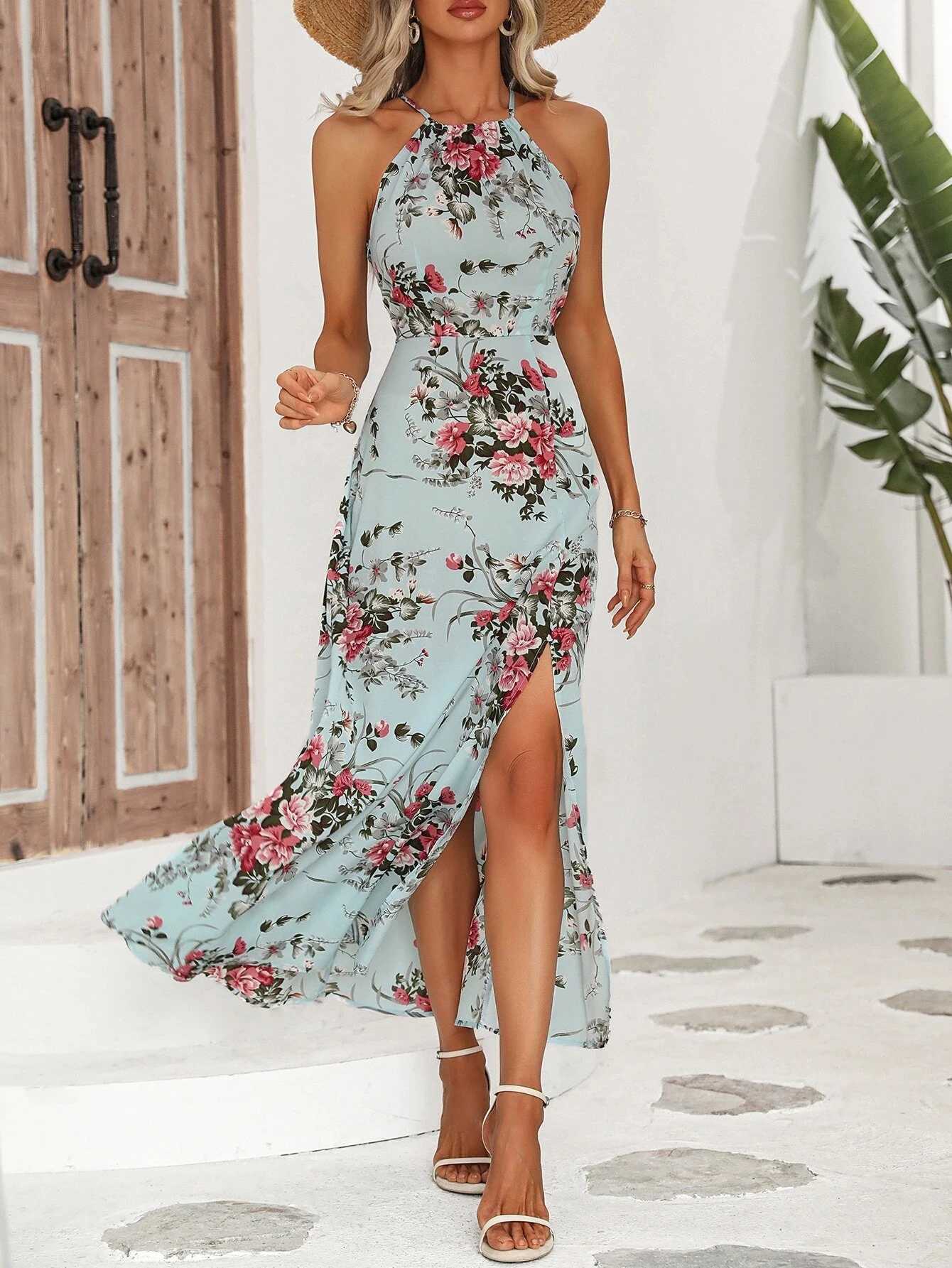 Womens Floral Print High Slit Thigh Halter Dress - Summer Sleeveless Sexy Bodycon Beach Party Clubwear M260304