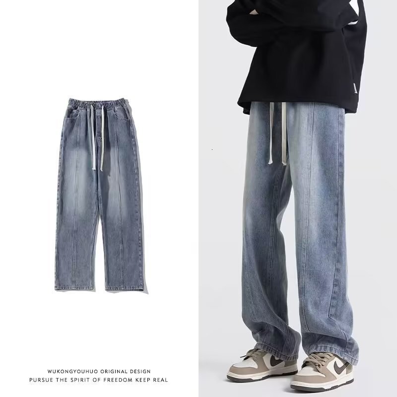 Yidian Apparel Men's Straight-leg Jeans New Summer Style Patchwork Washed Vintage Blue With Designer Pants Rope Details Floor-length Trousers