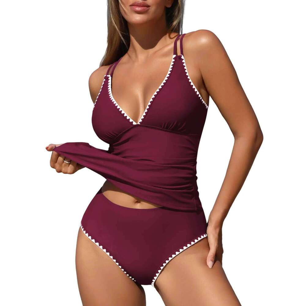 Womens Tankini Swimsuits V Neck Push Up Top Color Block Tummy Control High Waisted Bathing Suits Swim Bottom Y260303