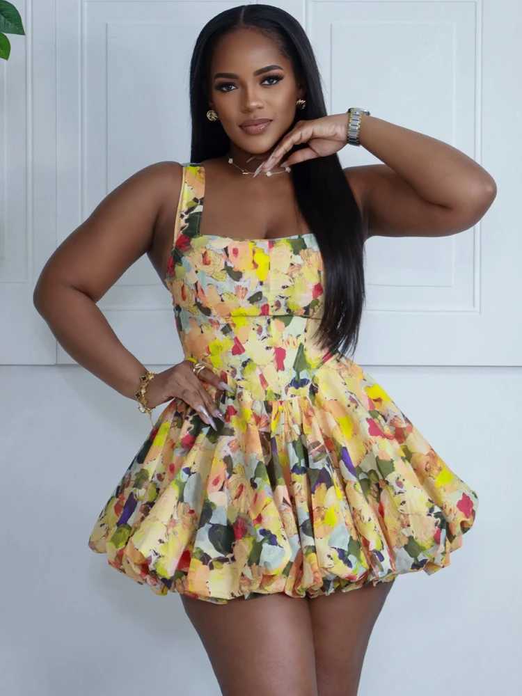 Beyprern Stylish U Neck Floral Bubble Hem Mini Dress Summer Sundress Chic Womens Sleeveless Flower Short Dress Vacation Outfits M260304