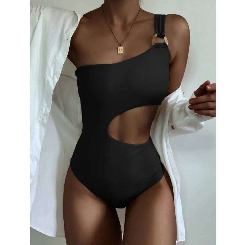 Summer Jumpsuit Women Sexy Solid Single Shoulder Strap High Waisted Tight Fitting Backless Swimsuit Y260303