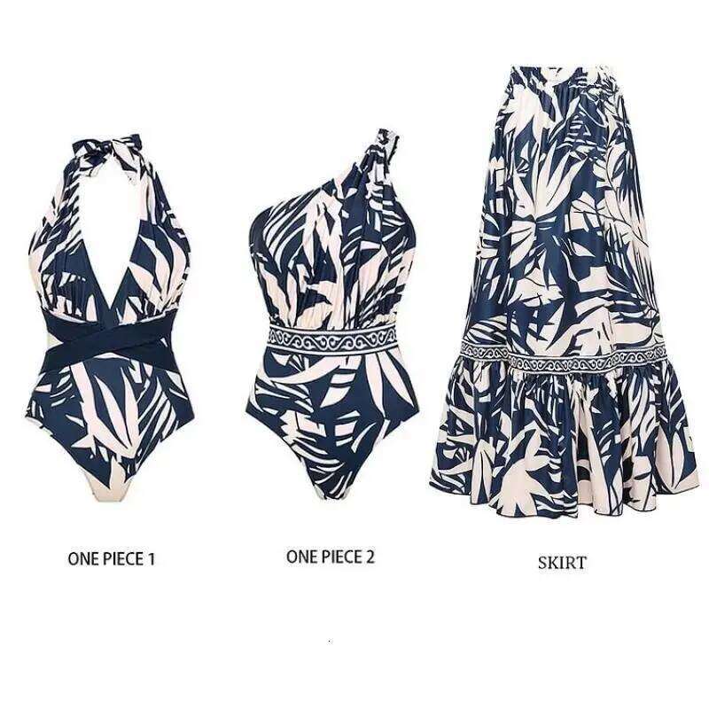 Flaxmaker 2025 Women Summer Sexy V Neck Leaves Print One Piece Swimsuit and Pants/Skirt Femme Retro Swimwear Sets Beachwear Y260303