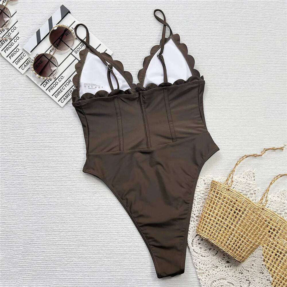Dark Brown Solid Swimwear Sexy One Piece Swimsuit Woman 2025 Deep V Neck Petal Edge Bathing Suit Bandage Slim Swimming Wear Y260303