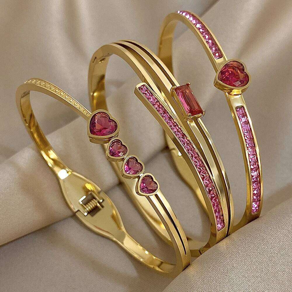 Flashbuy 3Pcs/Set 316L Stainless Steel Women's Bangles New Design Rose Red Love Heart Bracelets Waterproof Fashion Jewelry Gift XJ260303