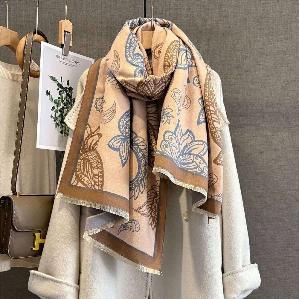 Winter Neck Warmer Scarf For Women Thickened Tassel Pashmina Shawl Cashew Print Faux Cashmere Warps Autumn Elegant Blanket XJ260304