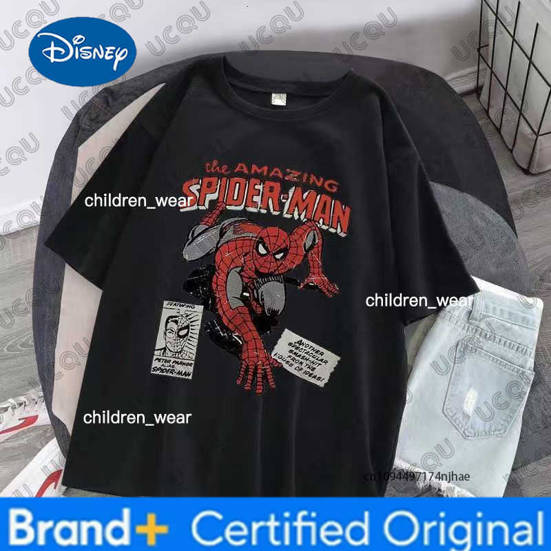 Disney Spider-man Movie Retro Comic Print Children Cotton Tshirt Summer Short Sleeve Tees Parent-child Clothes Casual Kids/Adult Tops H260304