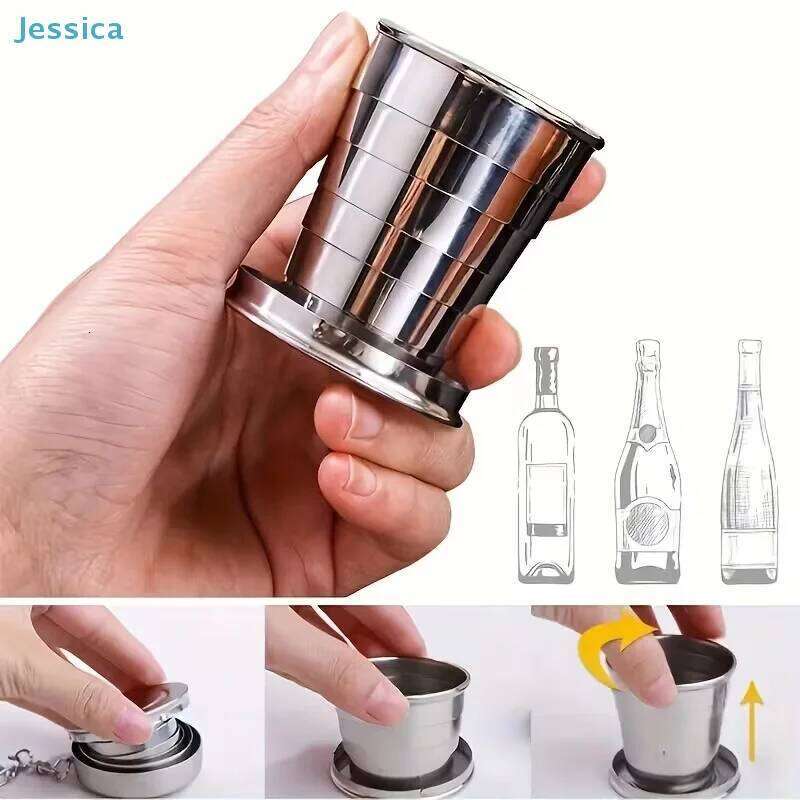 Collapsible Stainless Steel Shot Glass - Foldable Pocket with Keychain, Portable Drinking Cup for Travel/Outdoor S260303