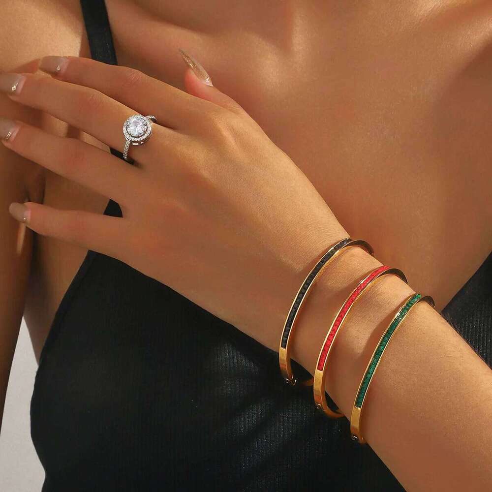 High Quality Gold Plated Stainless Steel Colorful Crystal Cz Baguette Wrist Bracelet Bangle Jewelry For Women XJ260303