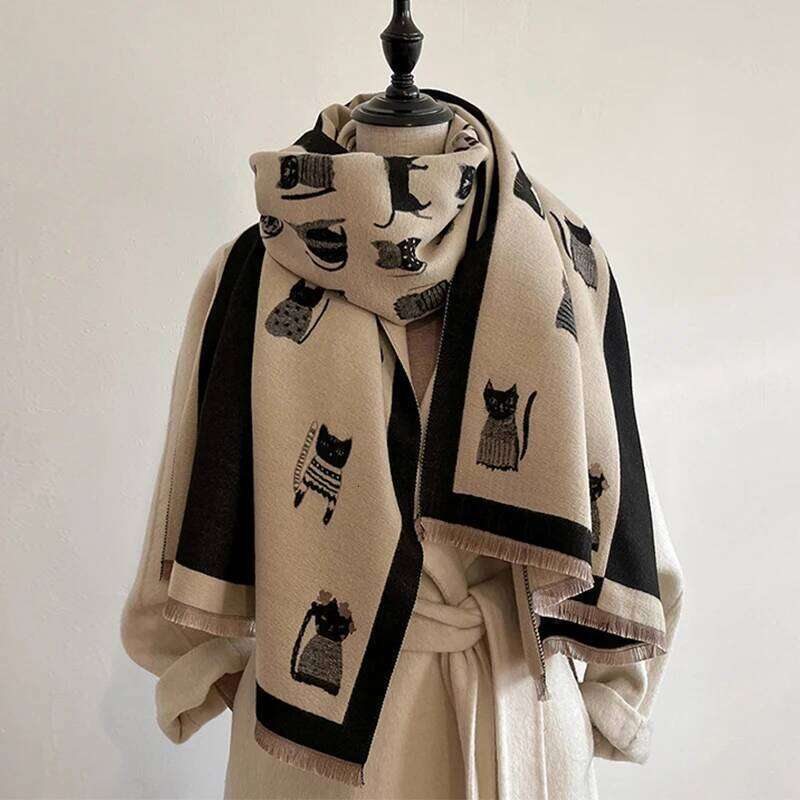 New Fashion Brand Cute Cat Ladies' Jacquard Pashmina Cashmere Winter Thick Warmth Shawl Coldproof Windproof Blanket Scarf XJ260304