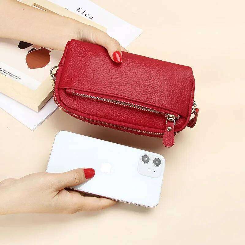 Genuine Leather Women Double Zip Wallet 2024 new Ladies Clutch Cowhide Wristlet Bag Coin Purse Fashion Mobile Phone Bags C260304