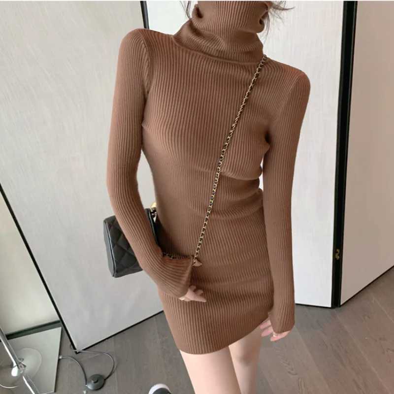 Women Autumn Winter Turtleneck Warm Bodycon Dress Long Sleeve Knit Solid Office Pullover Sexy Mini Dress for Ladies 2025 M260304