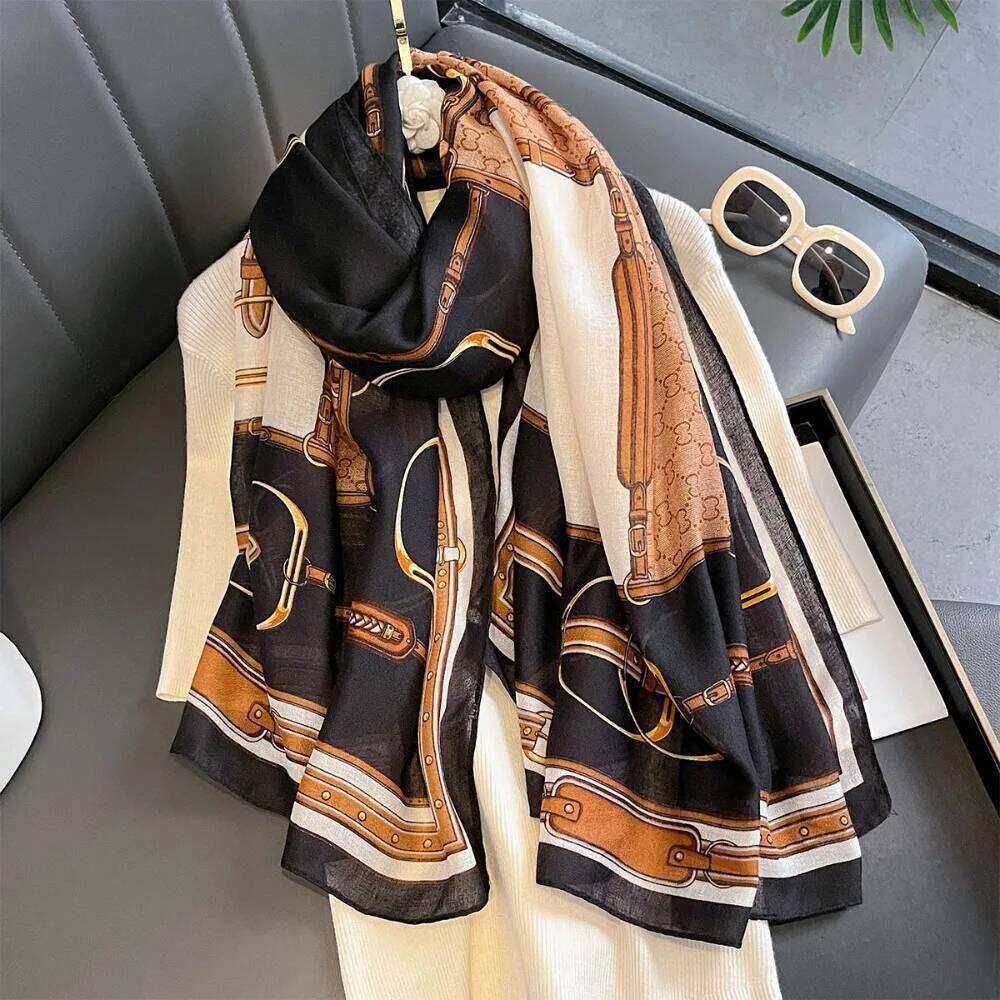 180x85cm Chain Print Scarf - Women's Autumn/Winter Cotton Hemp Warmth-Supportive Sun Protection Wraparound Neck Cover XJ260304
