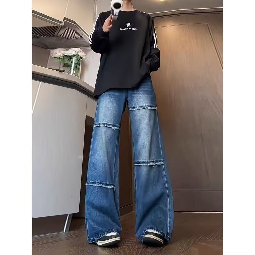 American High Street Style Raw Edge Designer Pants Design Loose Straight Mid-rise Jeans For Men And Women Trendy And Casual Floor-length Pants