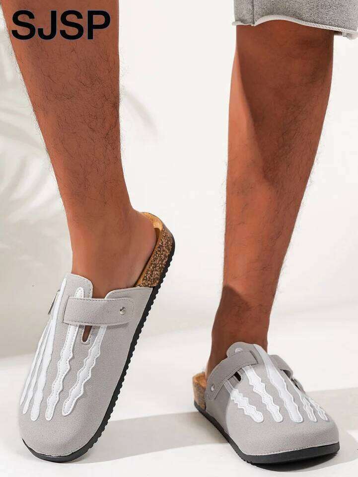 Men's New Half-Slip Halloween Trendy Skeleton Print Slip-On Closed-Toe Low-Top Buckle Strap Casual Slippers, Indoor Outdoor Wear, Spring, Summer,