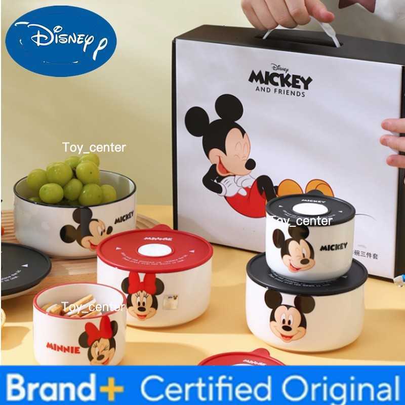 Disney Anime Mickey Mouse Minnie Cartoon Tableware Ceramic Bowl With Lid Microwave Oven Soup Bowl 3pcs Student Thicken Lunch Box H260304