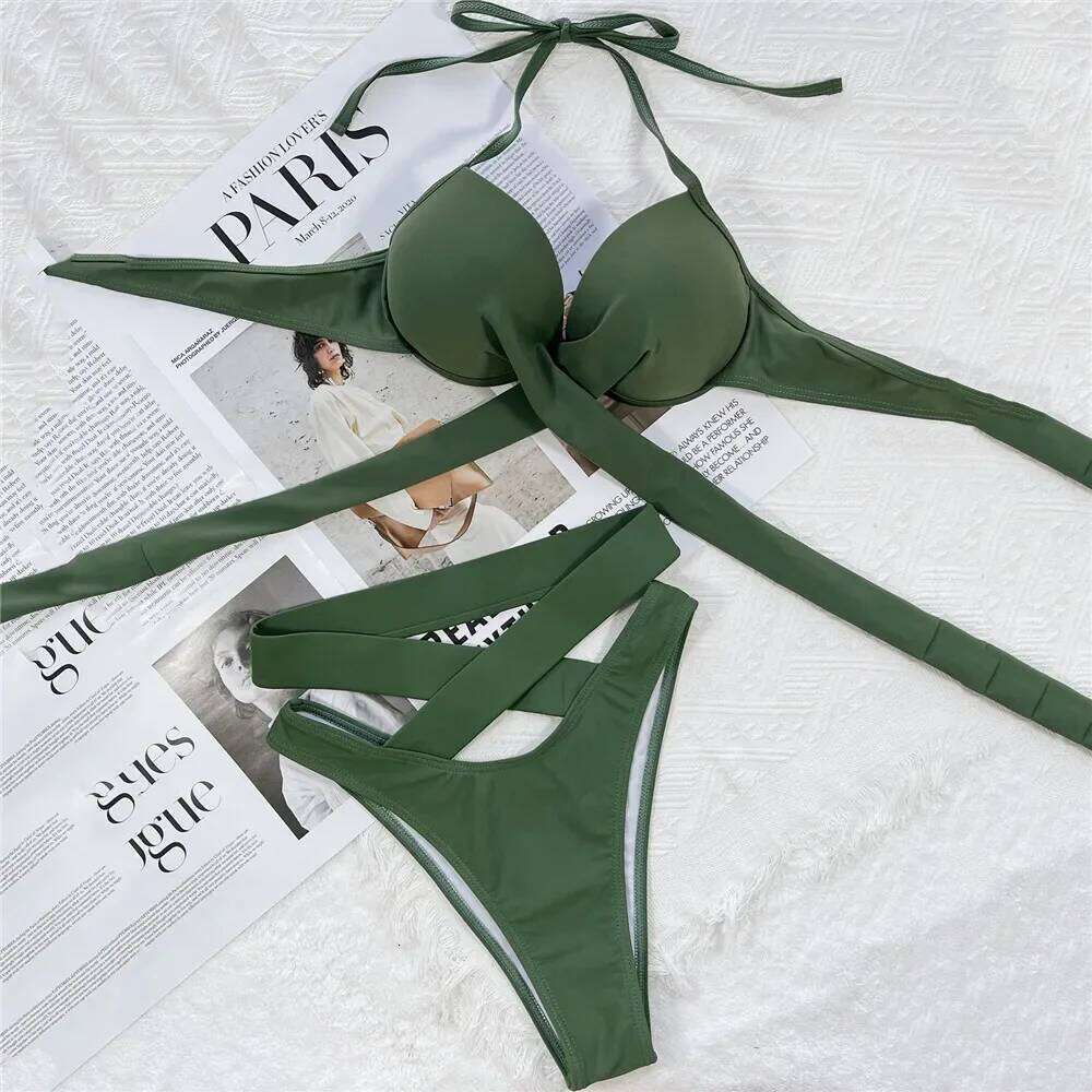 Twisted Bandage Halter Bikini 2025 Mujer High Waist Swimwear Women Swimsuit Bathing Suit Brown Brazilian Bikinis Sets Beach wear Y260303