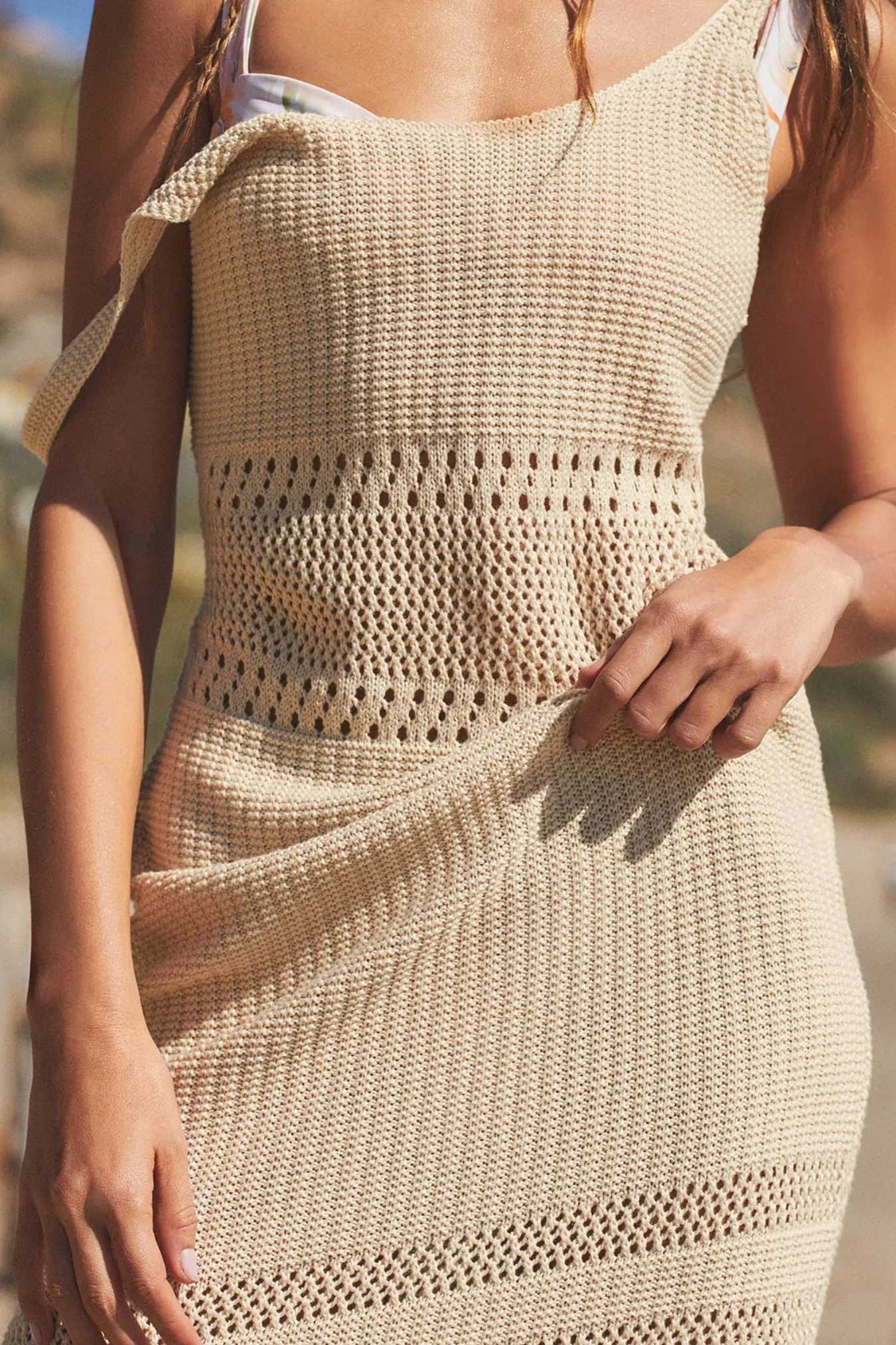 Womens Beige Crochet Knit Maxi Dress Sleeveless Hollow out Waist Beach Bodycon Dress Summer Casual Elegant Long Dress M260304