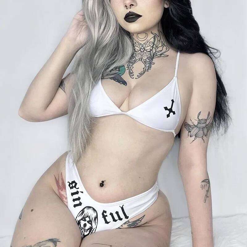 y2k Sexy cross prints Split Bikini Set Spaghetti Women's Swimwear Push Up Hottie Outfit 2000s fashion Summer Two-piece beachwear Y260303