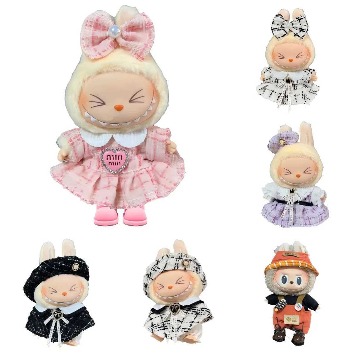 17cm Labubu Pink Tweed Dress & Bow Set, Cute Fashion Doll Outfit with Heart Badge for Plush Doll AccessoriesT260304
