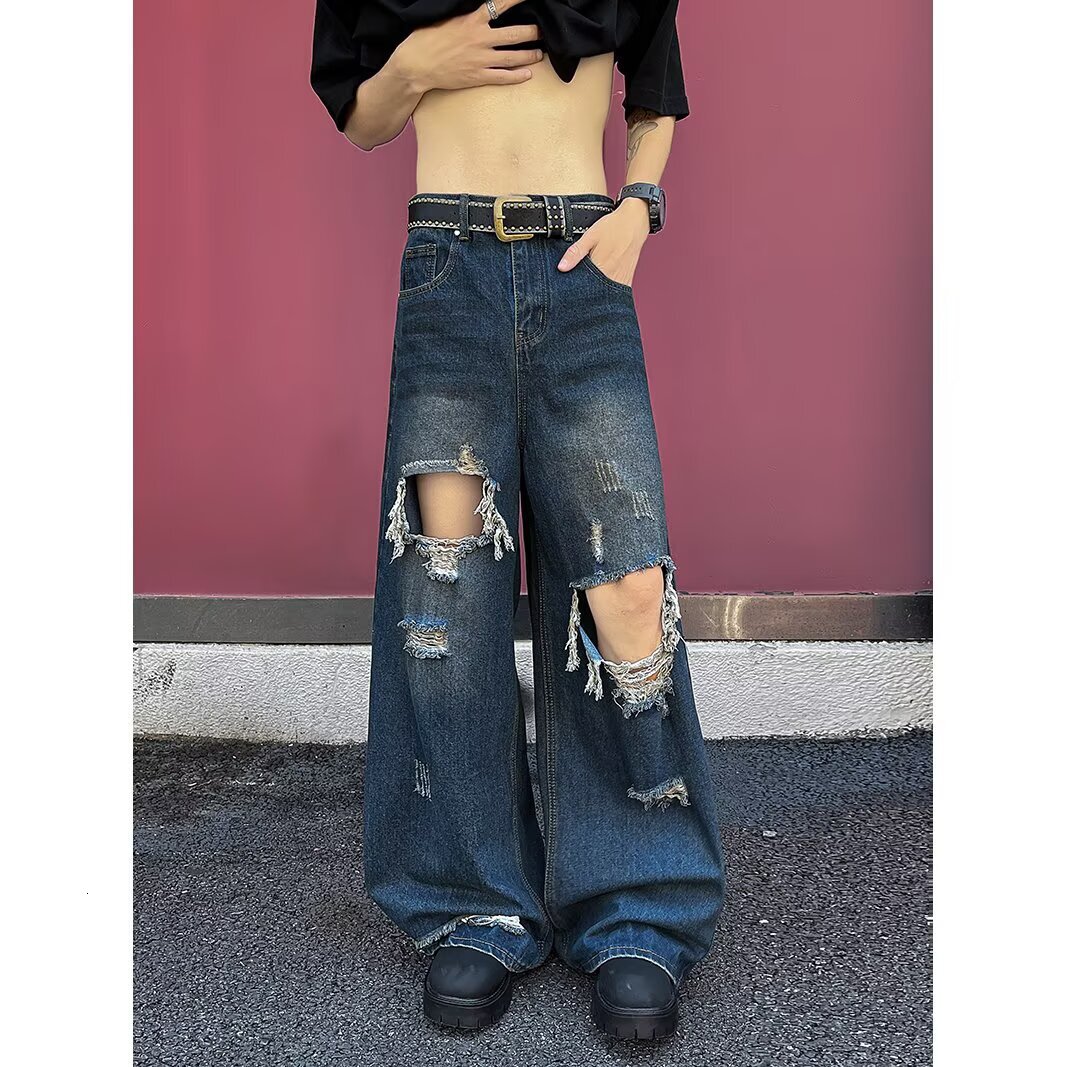 American High Street Retro Distressed Jeans For Men And Designer Pants Women Trendy High-end Wide-leg Pants For Couples