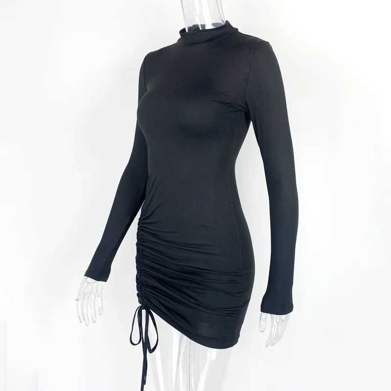 Women Black Bodycon Sexy Club Ruched Drawstring Mini Dresses Female Long Sleeve Slim Fit Party Short Vestidos 2024 M260304